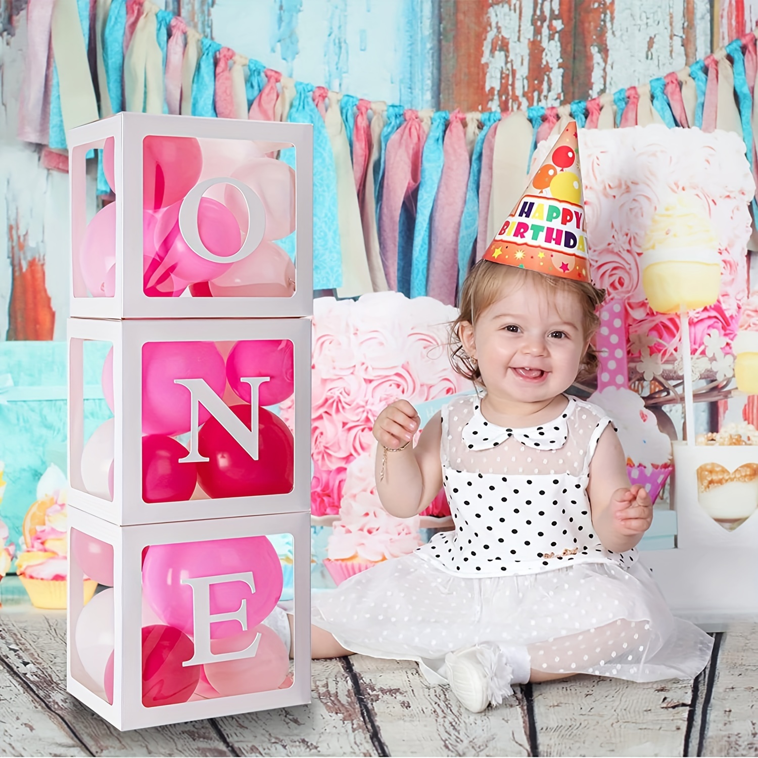 Set, First Birthday Balloon 'ONE' Boxes With 24 Balloons, 1st Birthday  Decoration Clear Cube Blocks 'ONE' Letters As Cake Smash Photoshoot Props  First
