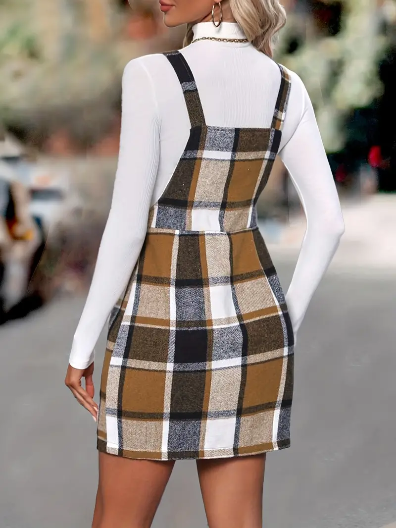 Plaid Pattern Zip Dress Casual Sleeveless Suspender Dress - Temu Canada
