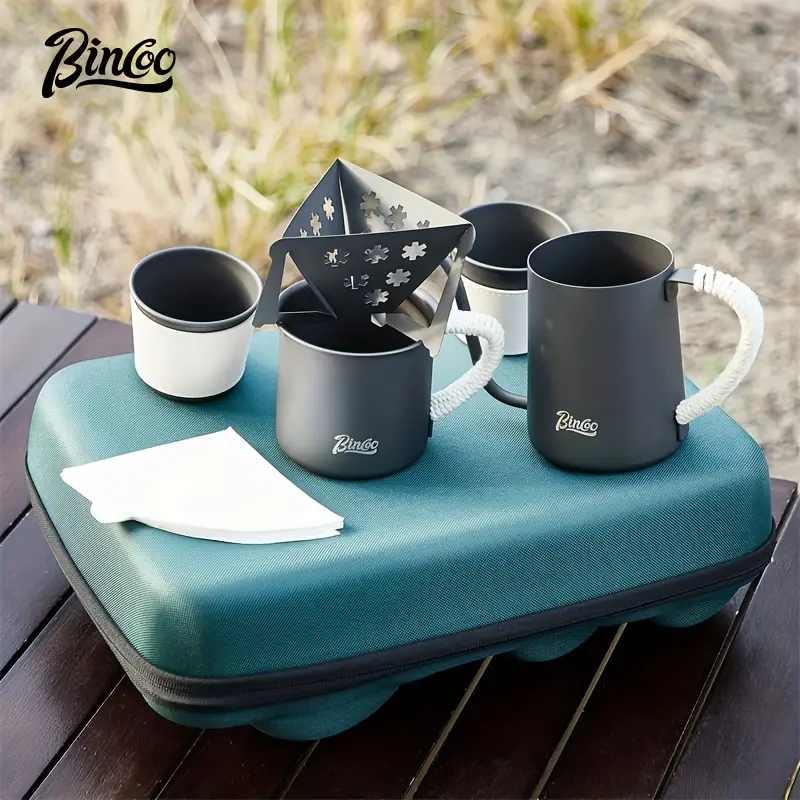 bincoo travel pour over coffee maker gift set all in 1 coffee accessories tools 304 stainless gooseneck kettle coffee mug v60 dripper filters server of coffee set with travel bag black details 3