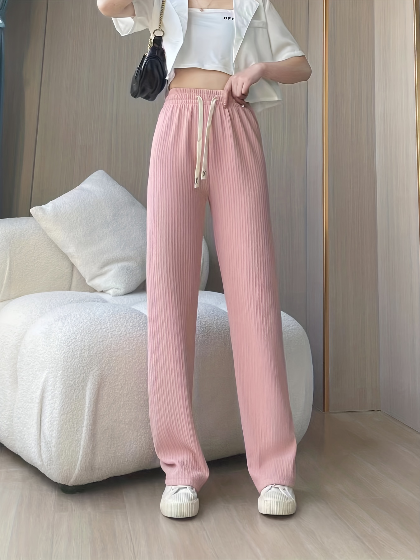 Drawstring Knitted Straight Pants Casual Elastic Solid High - Temu