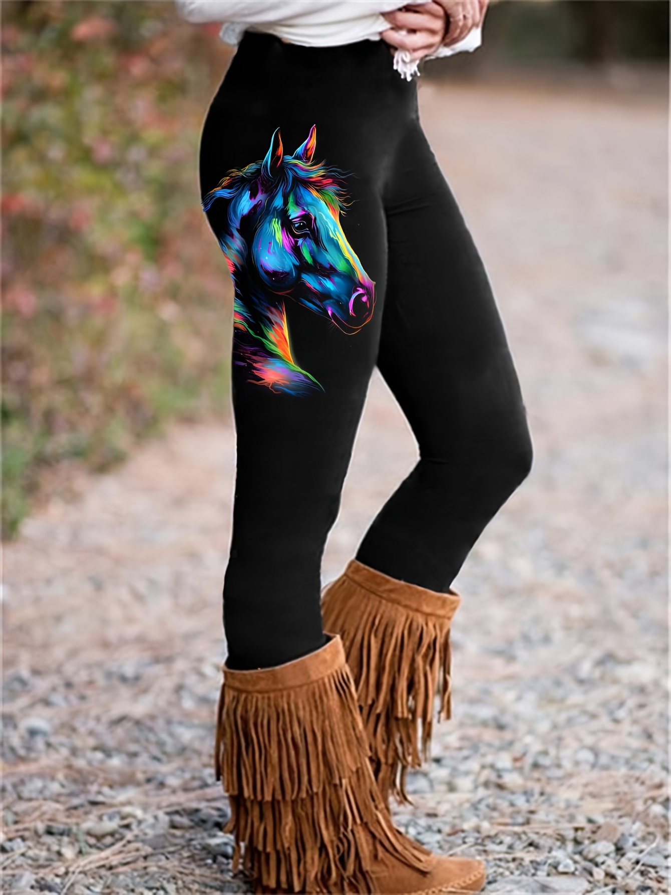 Horse Print Skinny Leggings, Casual Elastic Waist Stretchy Leggings,  Women's Clothing