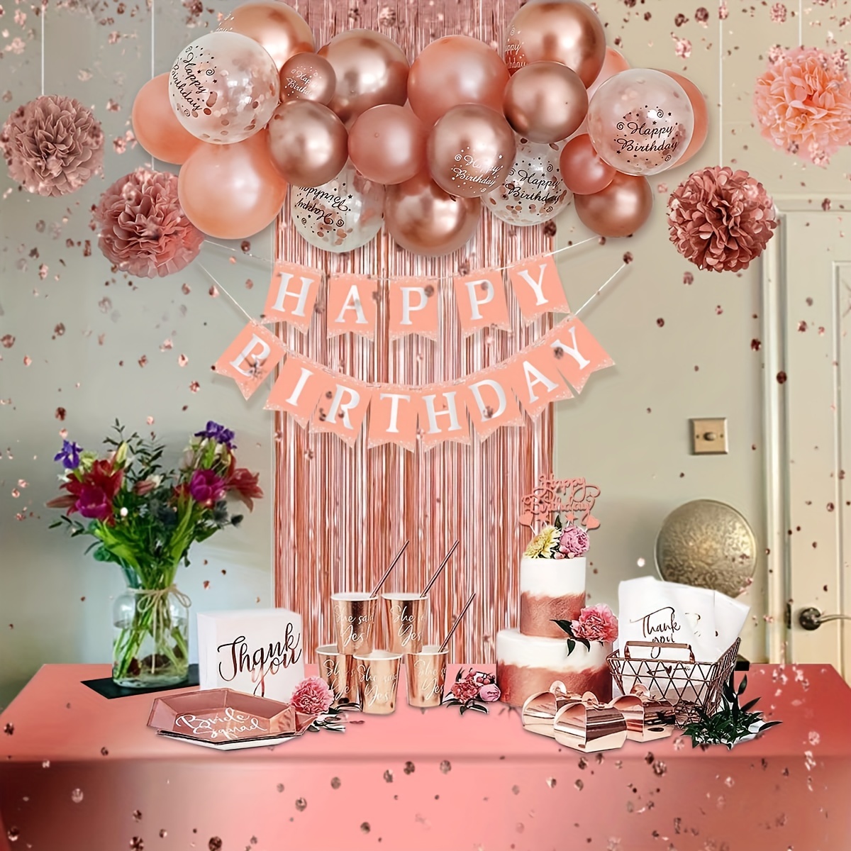 Happy birthday balloon set forgirls and women. Pack of 9 alumium foil  balloons. Birthday balloons for all ages. (Pink)