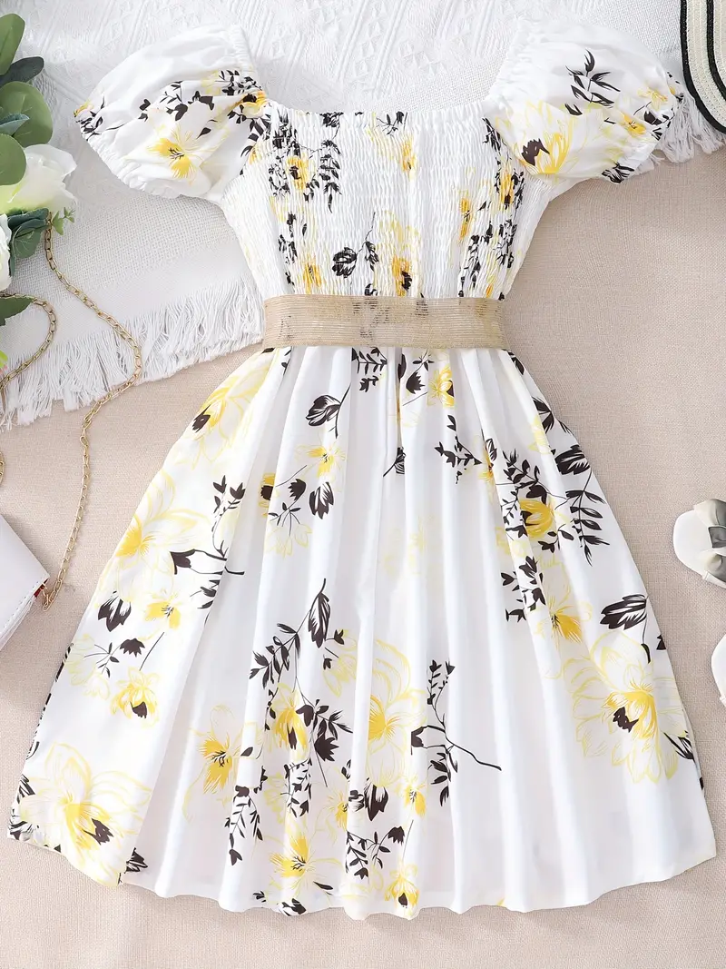 girls floral print shirred short sleeve casual dress belt for summer details 18