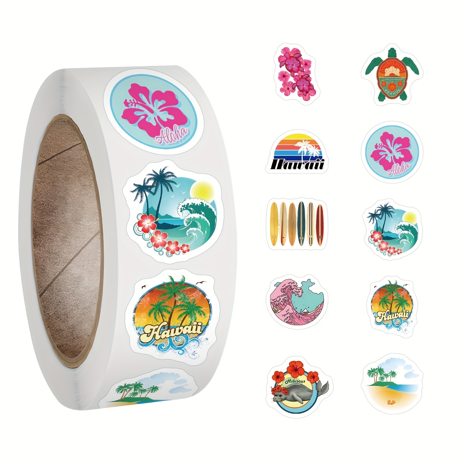 

Hawaii Beach Stickers Roll |500 Pcs Aloha Tropical Vacation Vinyl Decals For Water Bottles Laptop Luggage Cup Mobile Phone Diary Journal Scrapbook Notebook Stationery Decor