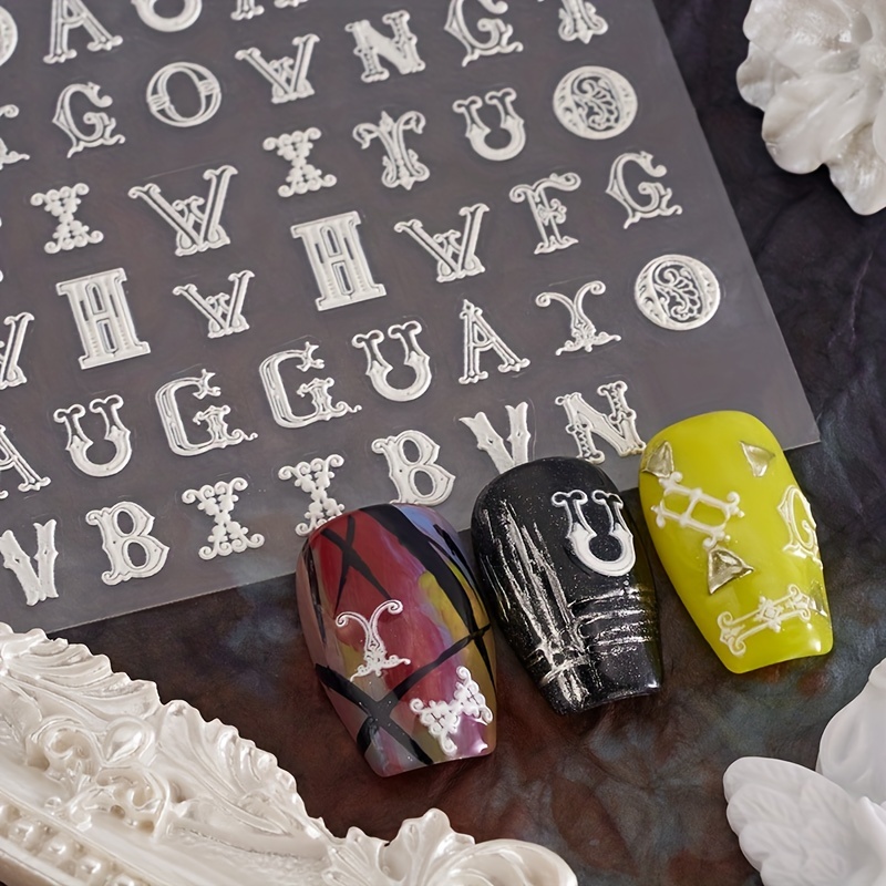 4pcs 5d Embossed Old English Letter Nail Art Stickers Self
