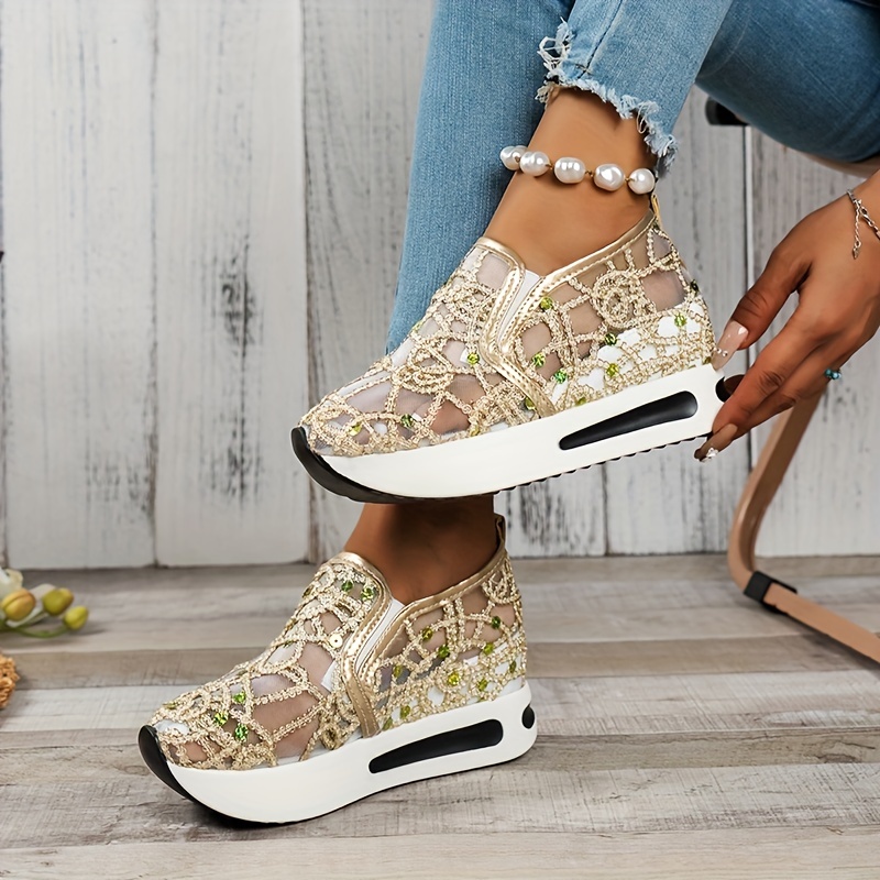 Women's Sequin Decor Sparkly Wedge Shoes, Fashion Lace Up Sneakers, Comfy  Thick Bottom Walking Shoes