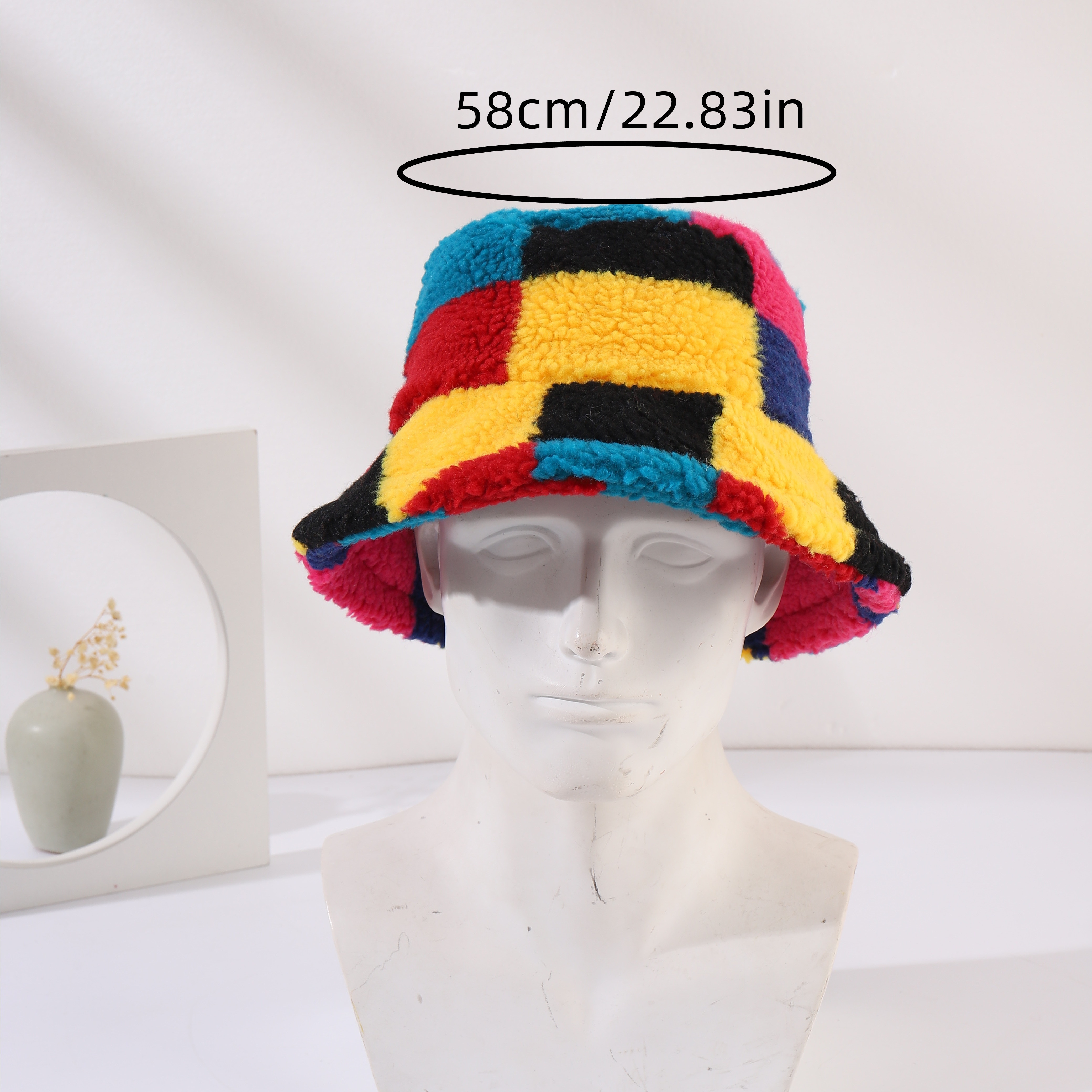 Checkered Embossed Fuzzy Bucket Hats Women Color Block Thick - Temu