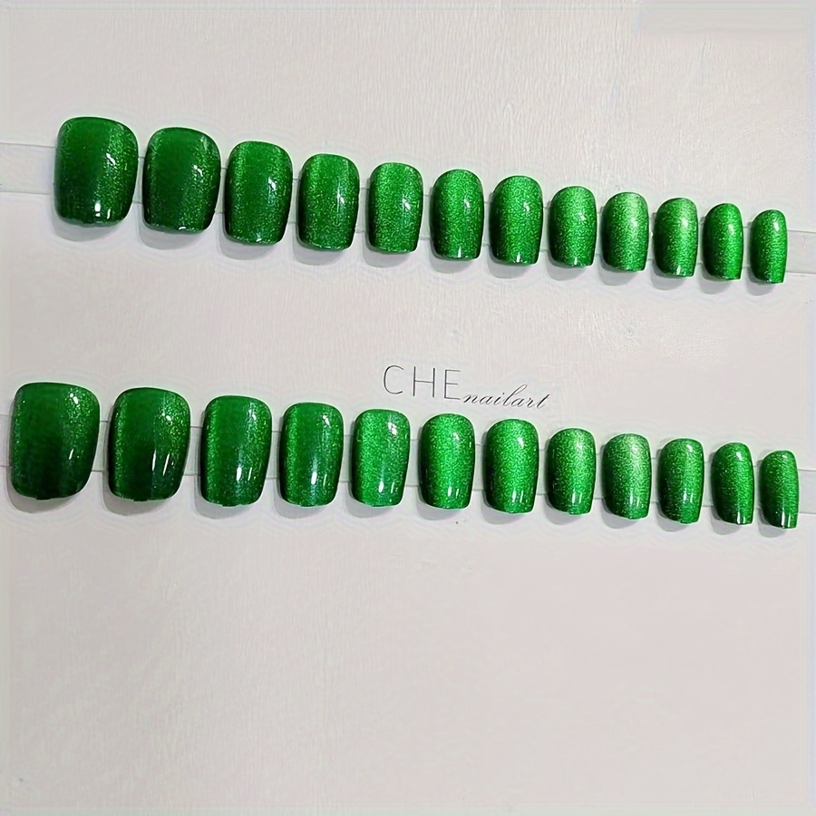 24pcs glossy st patrick short square fake nails green reflective glitter cat eye press on nails sparkling false nails for women girls party nail decor details 8