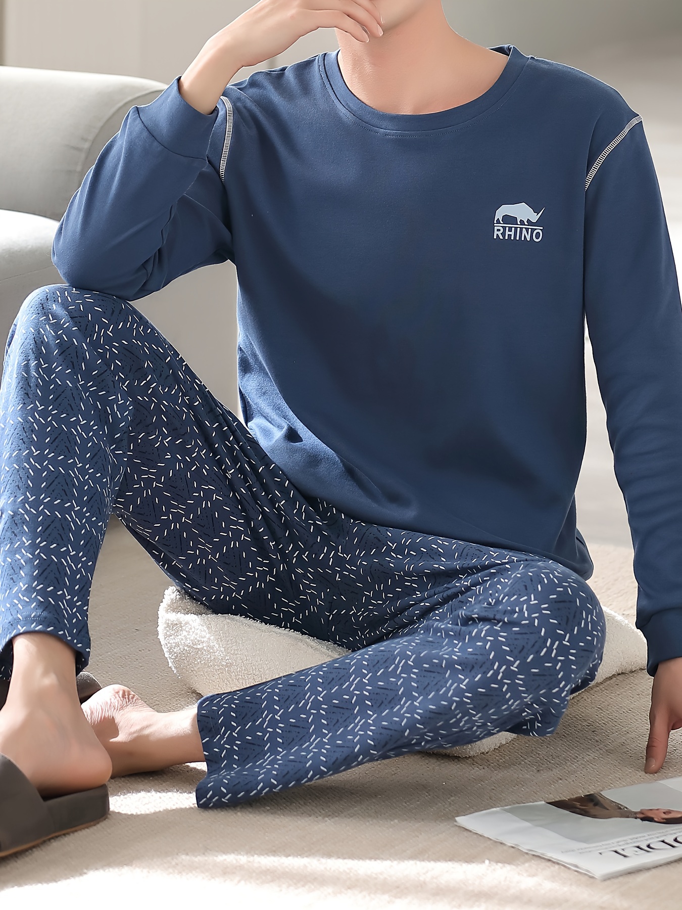 Men's Cotton Long Sleeve Pajamas Set Spring Autumn Winter, Loungewear Set, Men's Loose Fit Clothes, Crew Neck Shirts & Pants