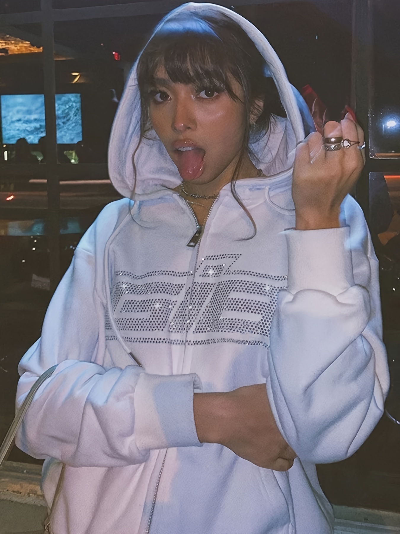 Solid Letter Print Drawstring Long Sleeve Hoodie
