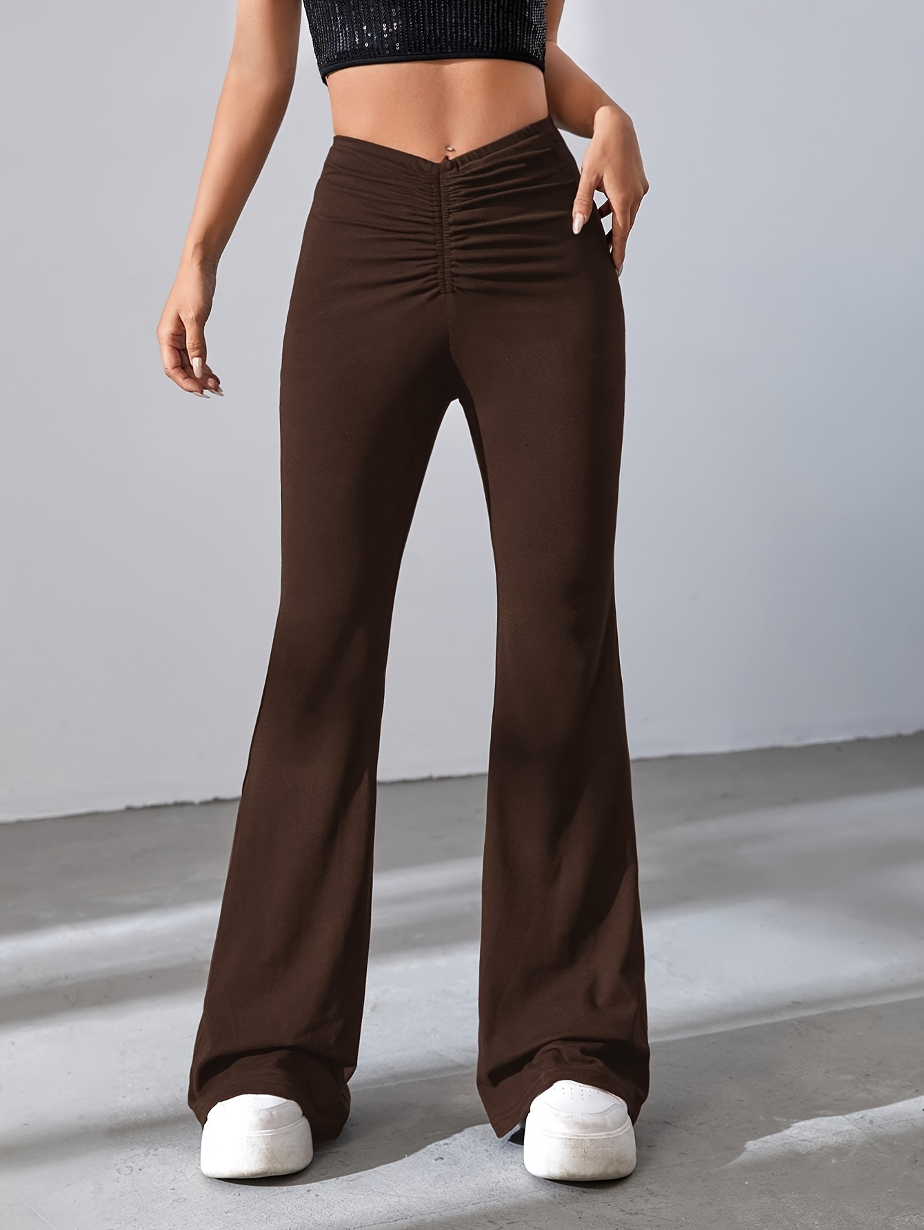 Solid Color Flare Leg Pants Casual Loose Ruched Bootcut - Temu
