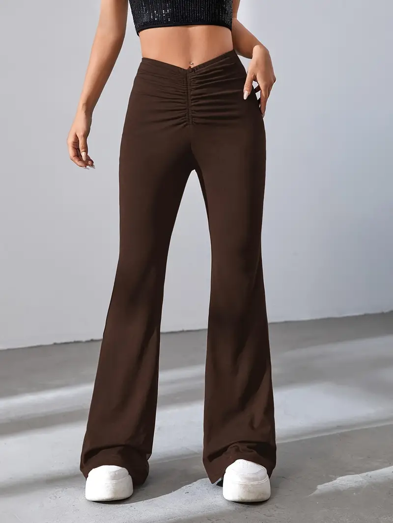 Solid Color Flare Leg Pants Casual Loose Ruched Bootcut - Temu Canada