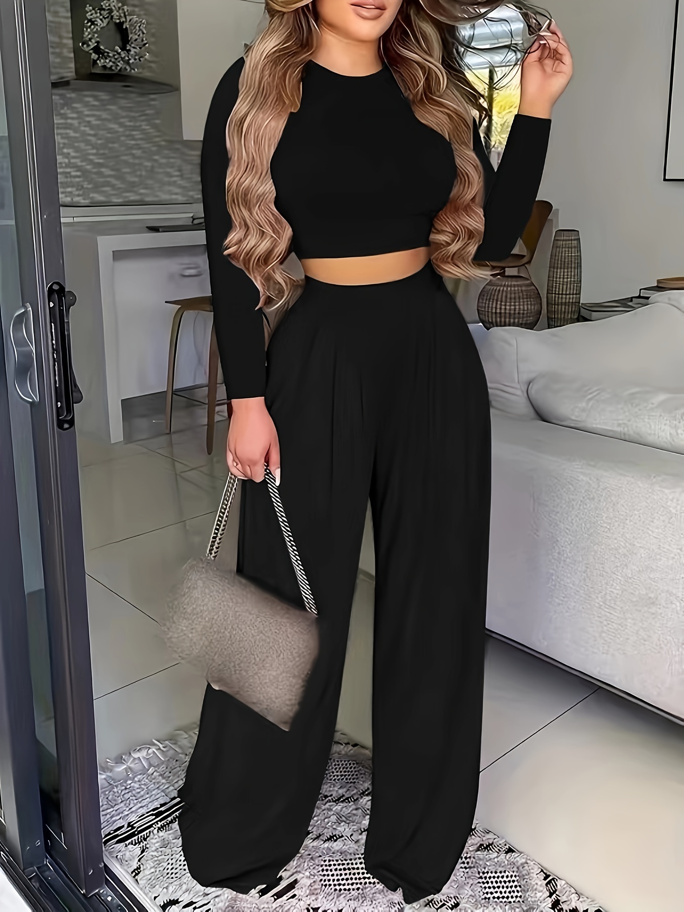Solid Casual Two-piece Set, Crew Neck Long Sleeve Tops & Long Length Wide  Leg Pants Outfits, Women's Clothing