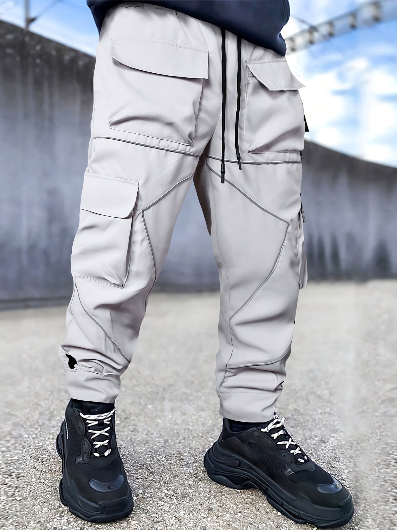 Pantalones de carga sólidos de moda, pantalones de hombre con múltiples  bolsillos con solapa, pantalones casuales sueltos con cordón para  exteriores