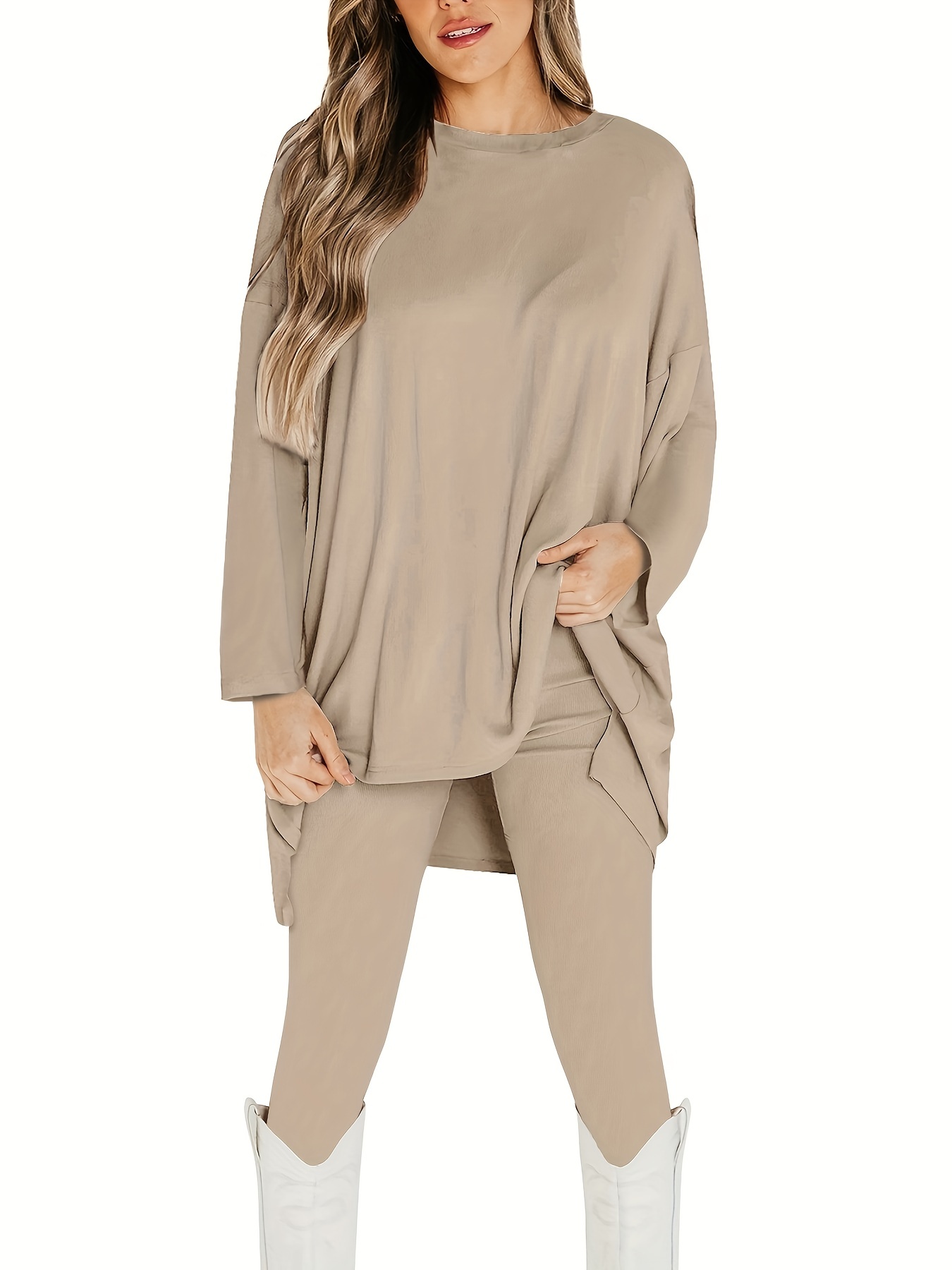 Plus Size Casual Outfits Set, Women's Plus Solid Ribbed Long Sleeve Round  Neck Top & Leggings Outfits Two Piece Set
