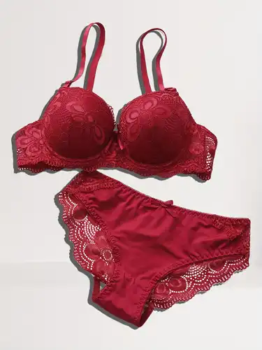 Contrast Lace Bra & Panties, Bow Tie Push Up Bra & Elastic Panties Lingerie  Set, Women's Lingerie & Underwear