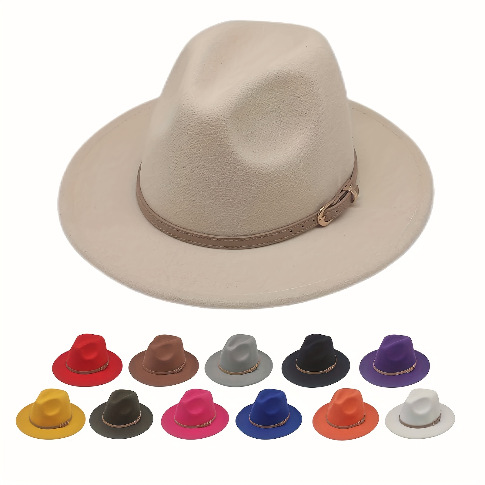 Classic Wide Brim Fedora for Women Men Fashion Felt Panama Hat Wide Brim  Floppy Hat with Belt Buckle
