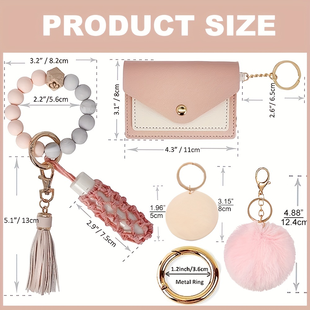 7pcs silicone beaded keychain bracelets wristlet keychain wallet set with net lipstick holder for women as car key rings gift for female friends mom details 4