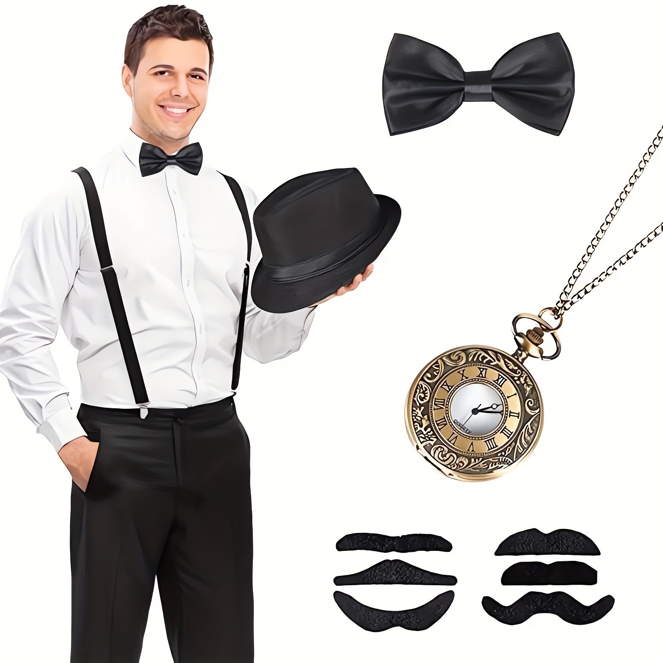 E EBETA Années 1920 Hommes Déguisements Accessoires, Flapper Gatsby Costume  Année 20 avec Chapeau Bretelles à Dos en Y Faux Cigare Montre de Poche