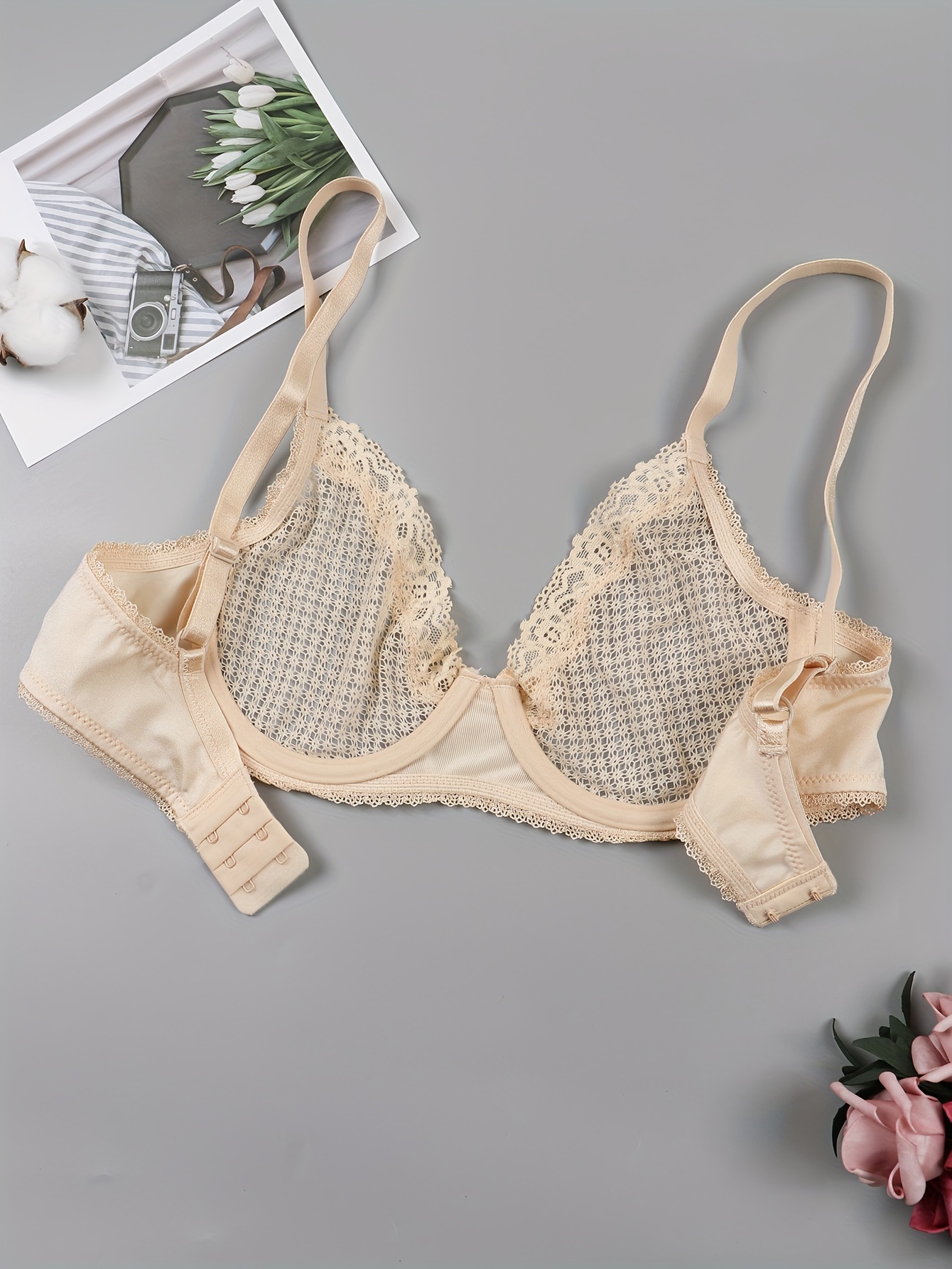 Contrast Lace Unlined Bra Lightweight Breathable See Bra - Temu Canada