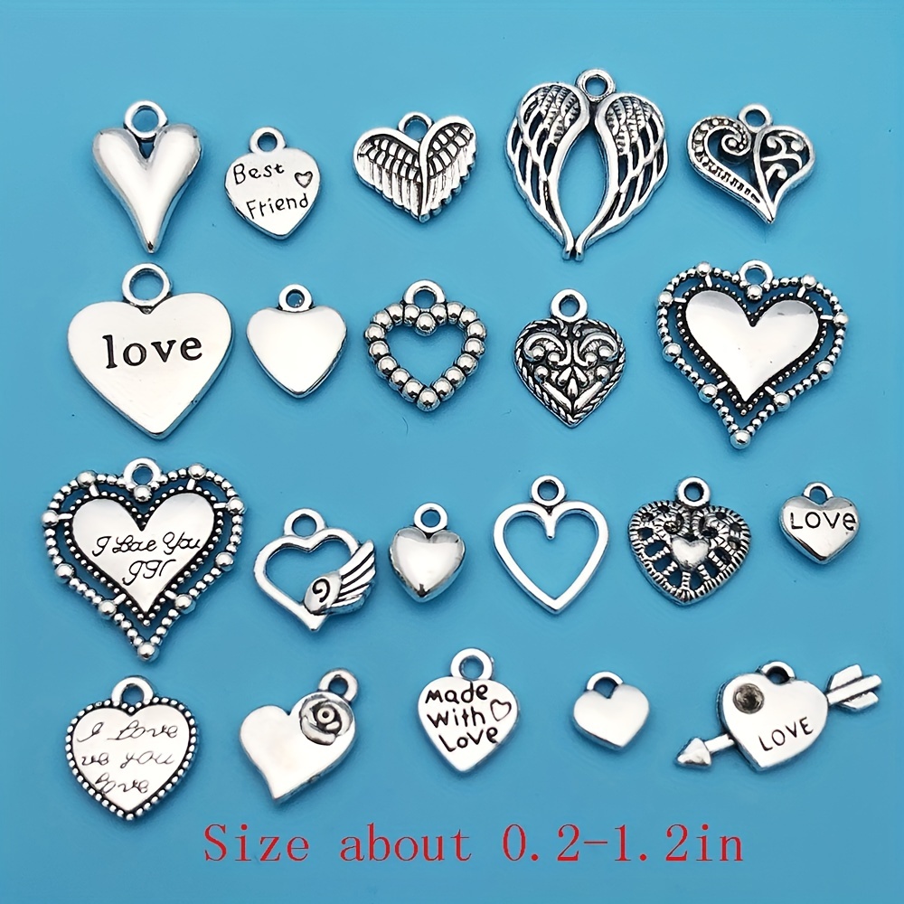 Randomly Mix 20pcs Antique Silver Heart Charms Pendants for Jewelry, Jewels Making Findings Wedding Valentine's Day Mother's Day Charms Crafting