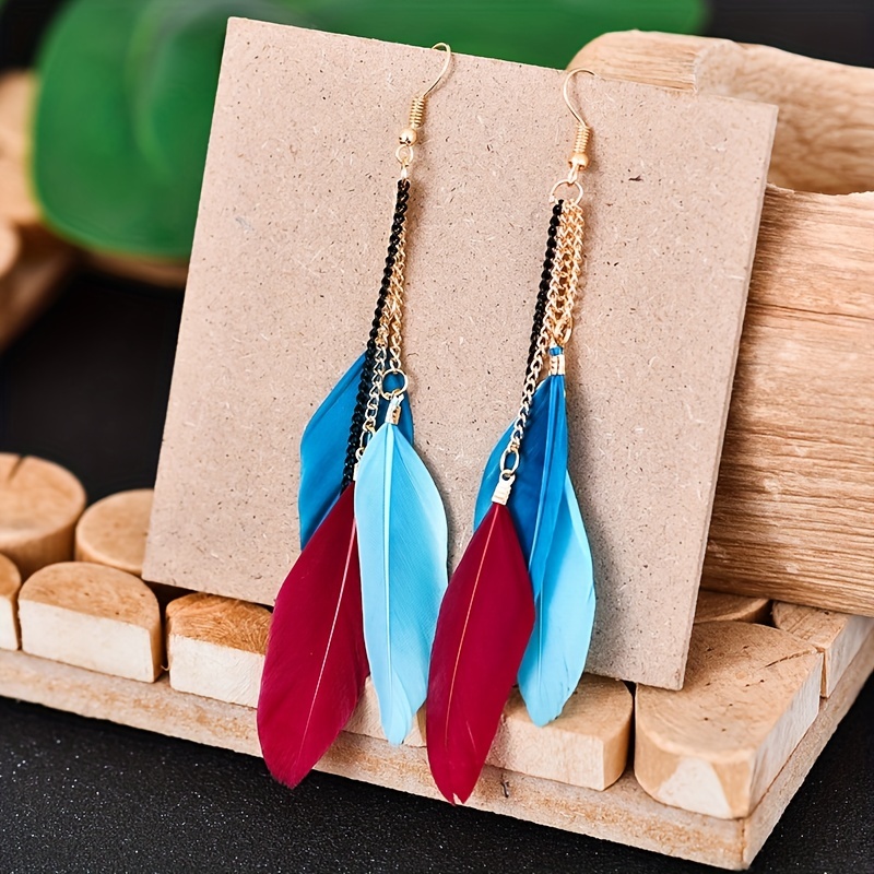 

Feather Chain Tassel Design Dangle Earrings Bohemian Simple Style Alloy Jewelry Delicate Female Gift