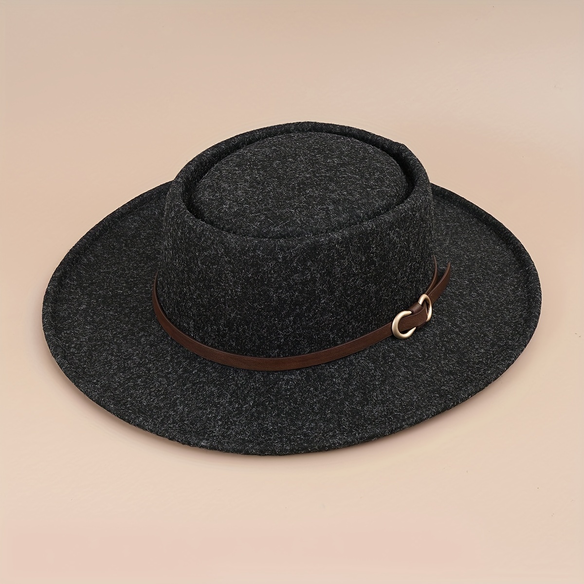 Buckle Flat Top Hat Wide Brim Sunshade Woolen Jazz Hat