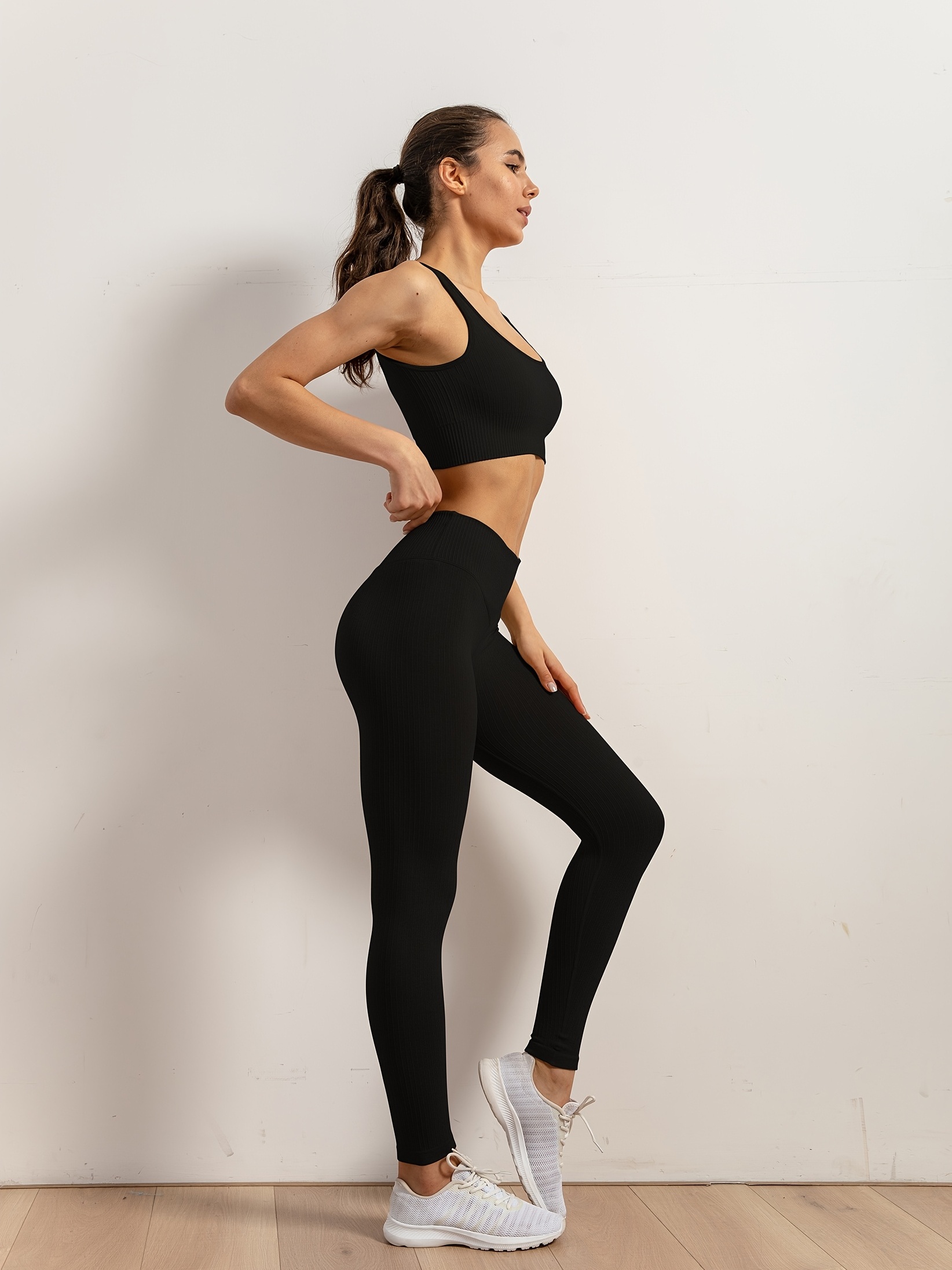 Black Women Sport Yoga Fitness Bottoms Leggings Athletic Pants Top Bra Set