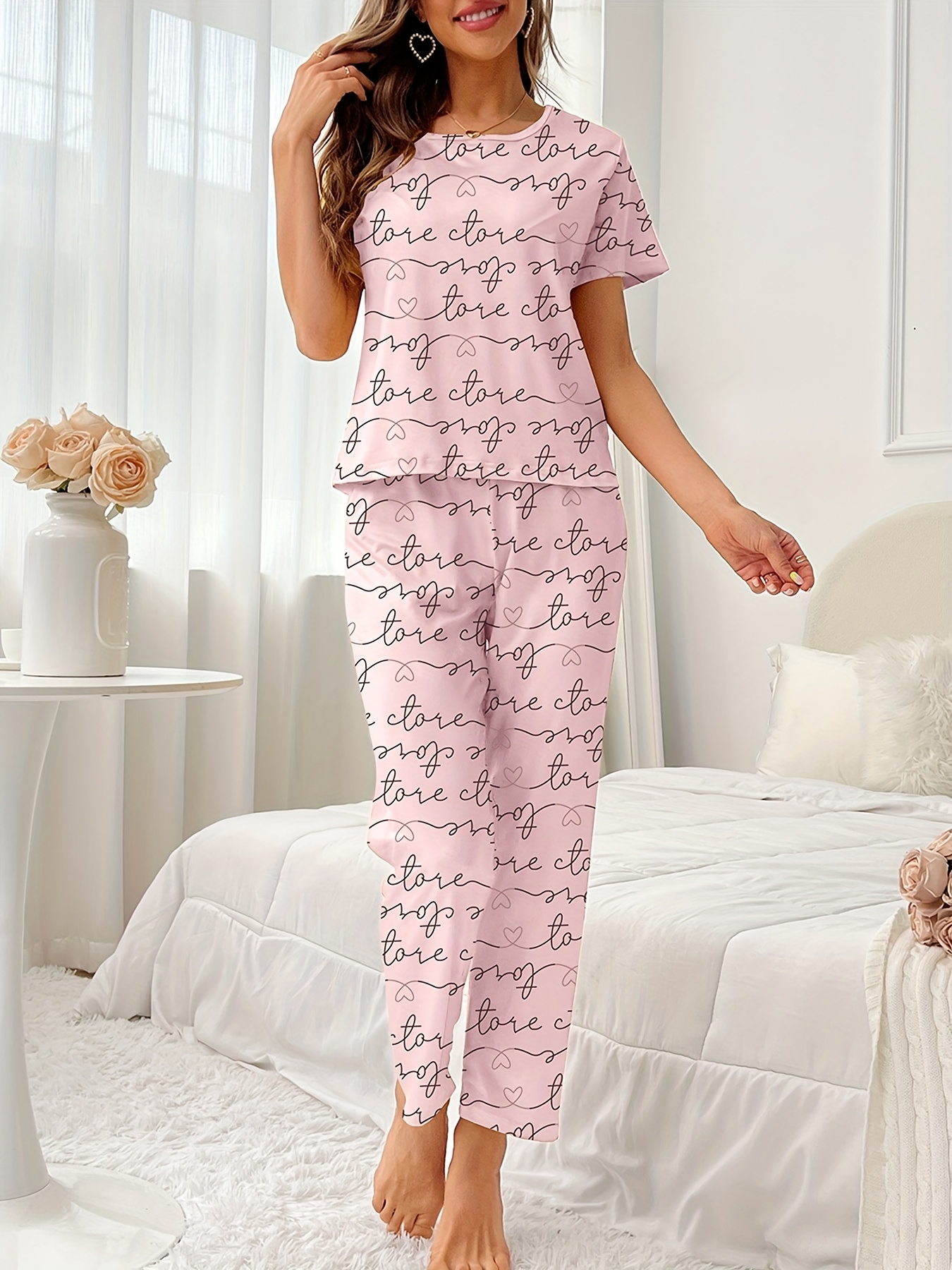 Cute Letters Love Print Pajamas Set Casual Short Sleeve Top - Temu Canada