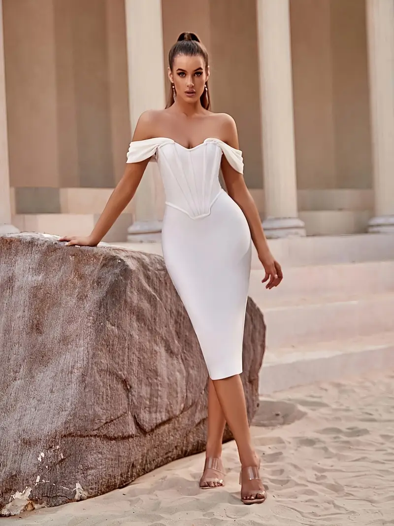 elegant shoulder bodycon midi dress ruffle detail high slit - Temu elegant shoulder bodycon midi dress ruffle detail high slit - Temu