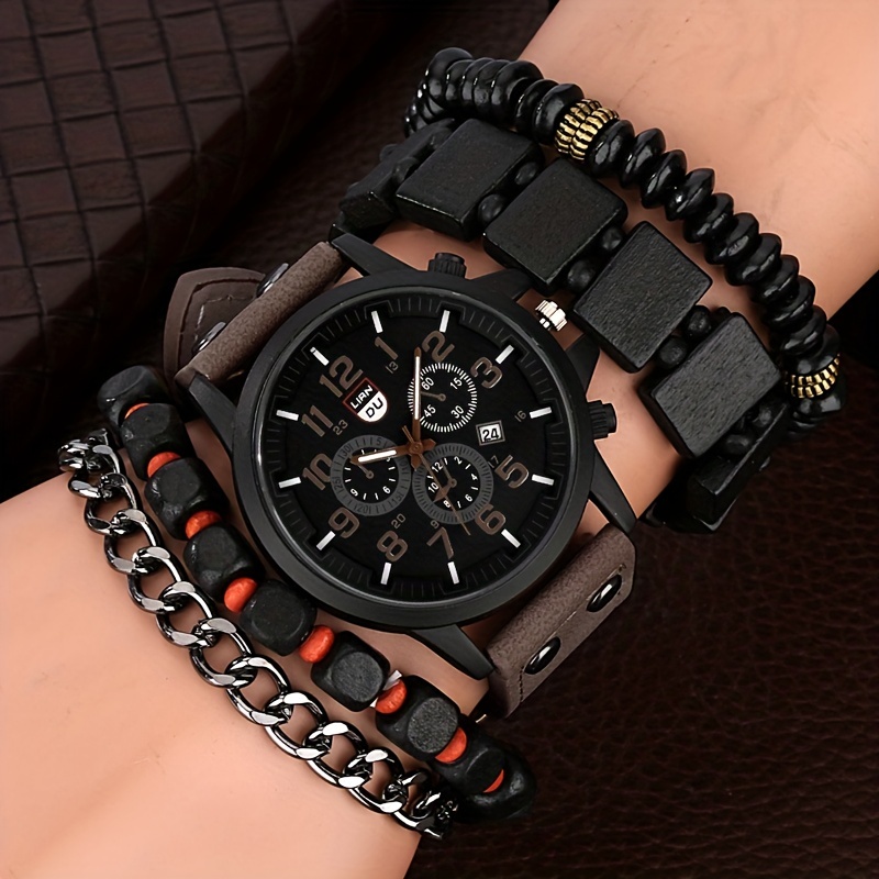 Black Casual Men's Watch & Versatile Bracelets - Temu Kuwait