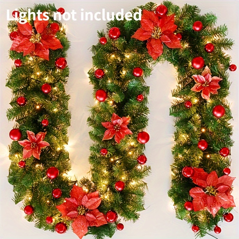 1pc, Artificial Christmas Garland, Green Rattan With Red Flower Decorations For Home Stairs Fireplace Front Porch Door Display Indoor Outdoor Christmas Decor