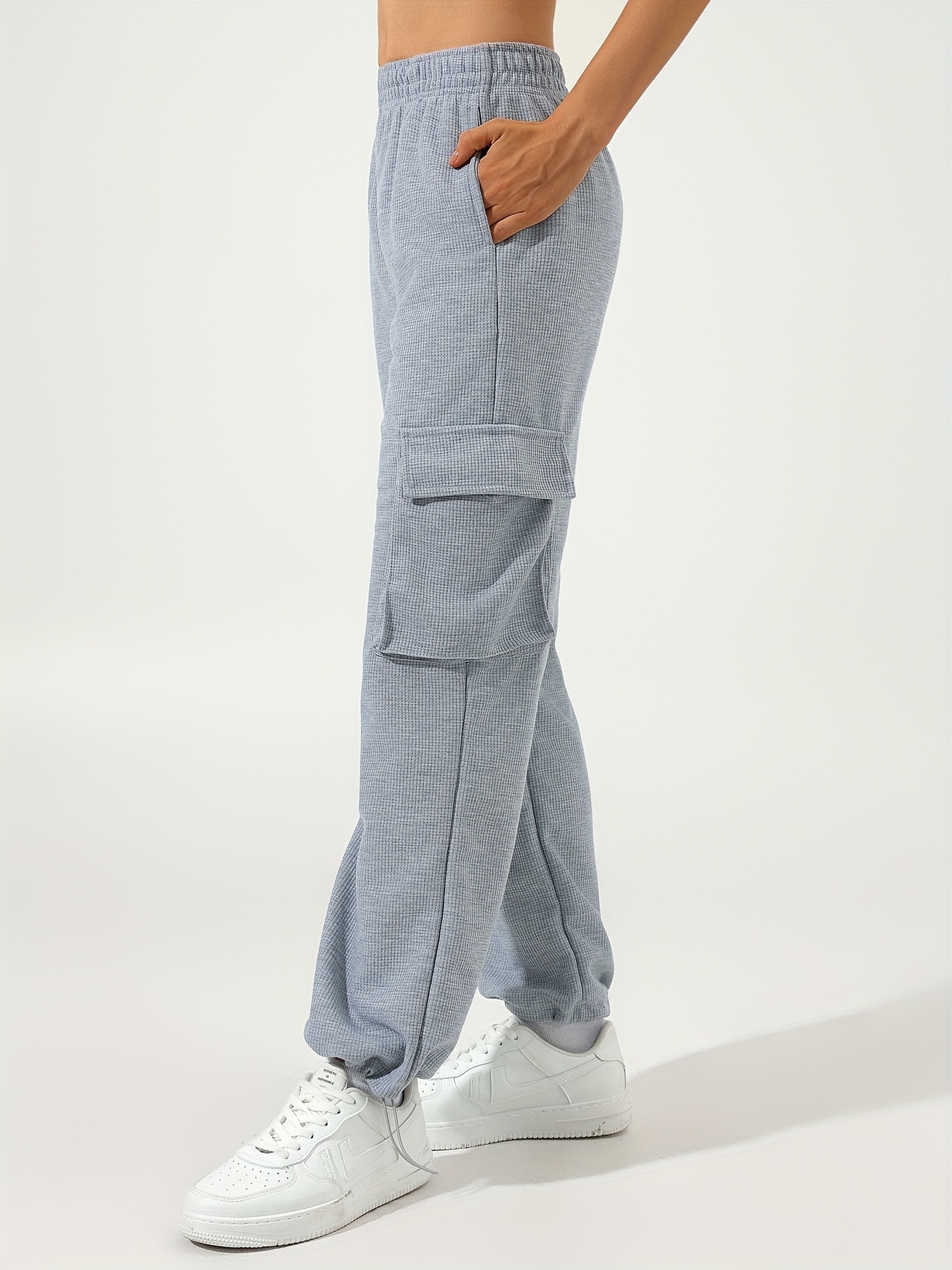 Waffle Casual Sports Elastic Waist Sweatpants, Multi-pocket High Waist  Solid Color Joggers Pants, Women's Athleisure