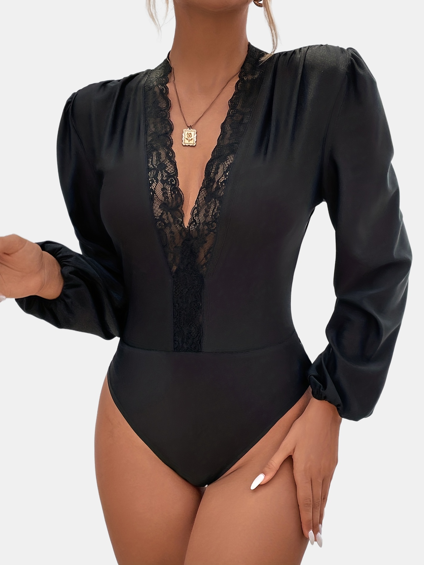 Solid Contrast Lace Bodysuit Sexy Crew Neck Long Sleeve - Temu