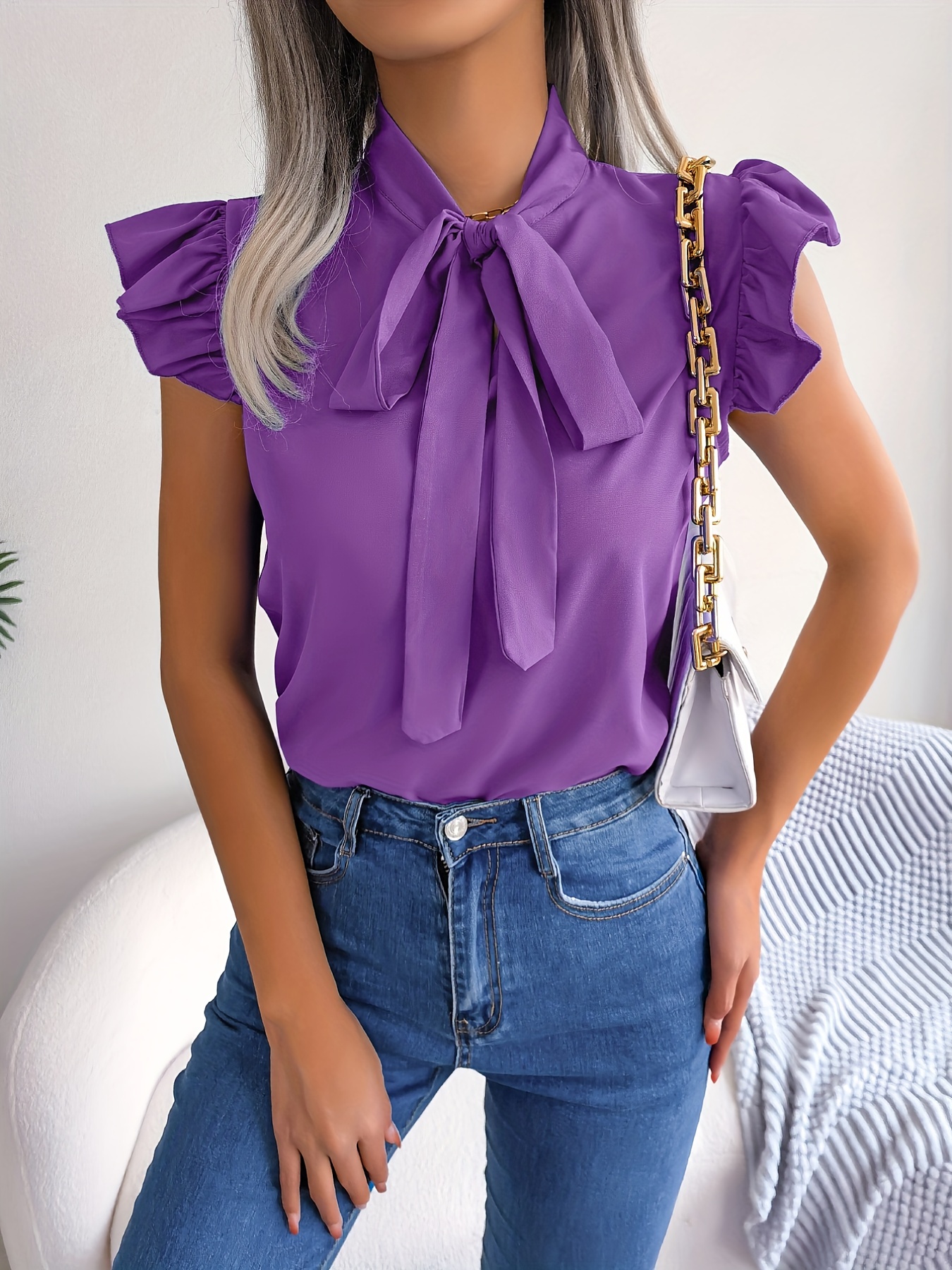 RUFFLED BLOUSE WITH TIE - Purple