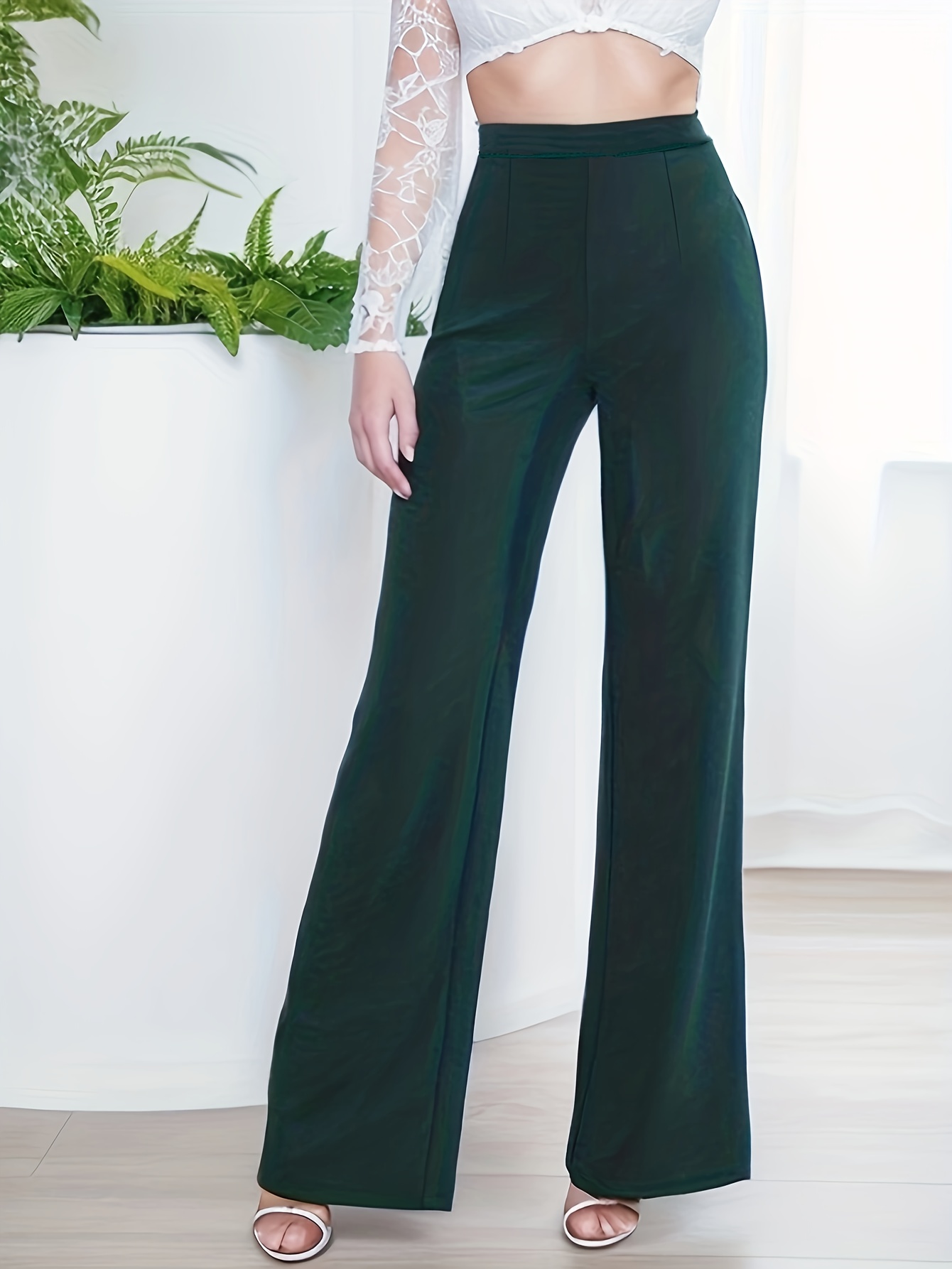 Elegant Solid Wide Leg Mint Green Plus Size Pants (Women's