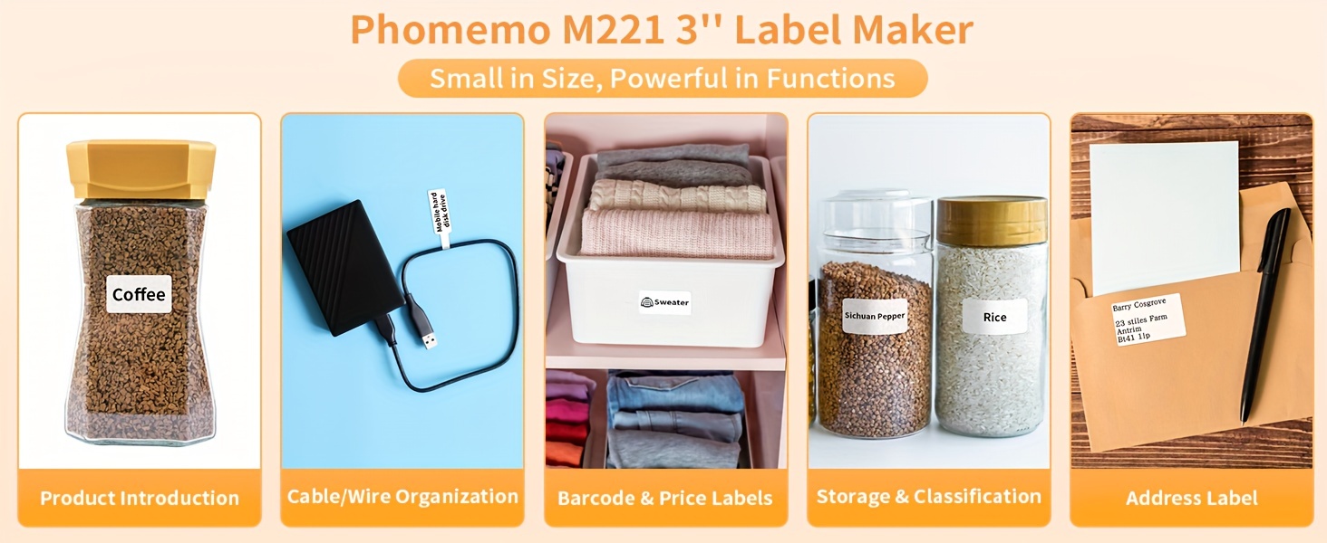 phomemo label maker with 3pcs labels m221 address label printer 3 inch portable bt label maker machine for barcode address logo mailing stickers small business home office details 6