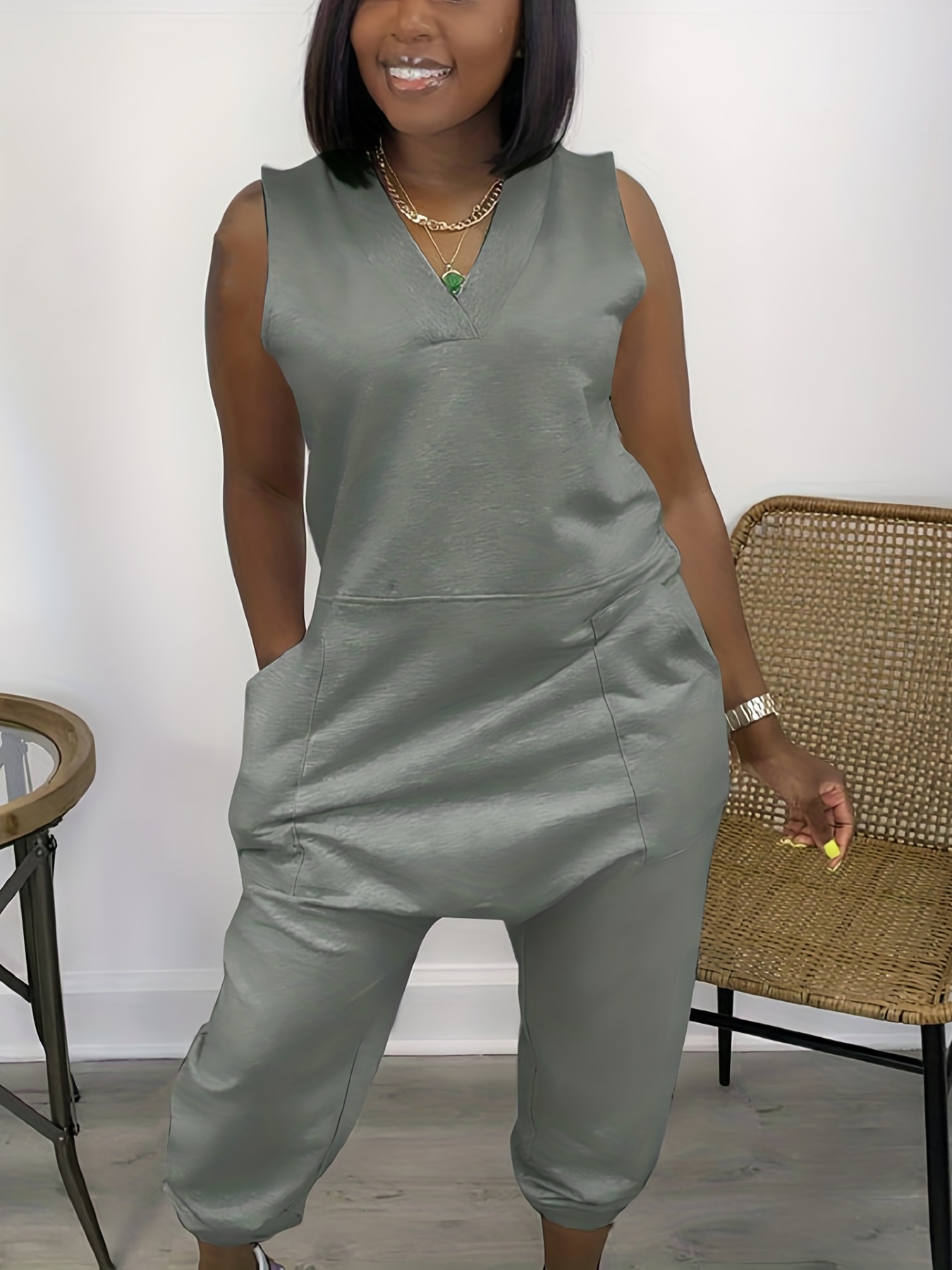 Sleeveless V Neck Jumpsuit Solid Baggy Summer Casual Jumpsuit