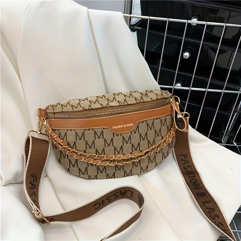 Small Leather Fanny Pack With Patterned Shoulder Strap 