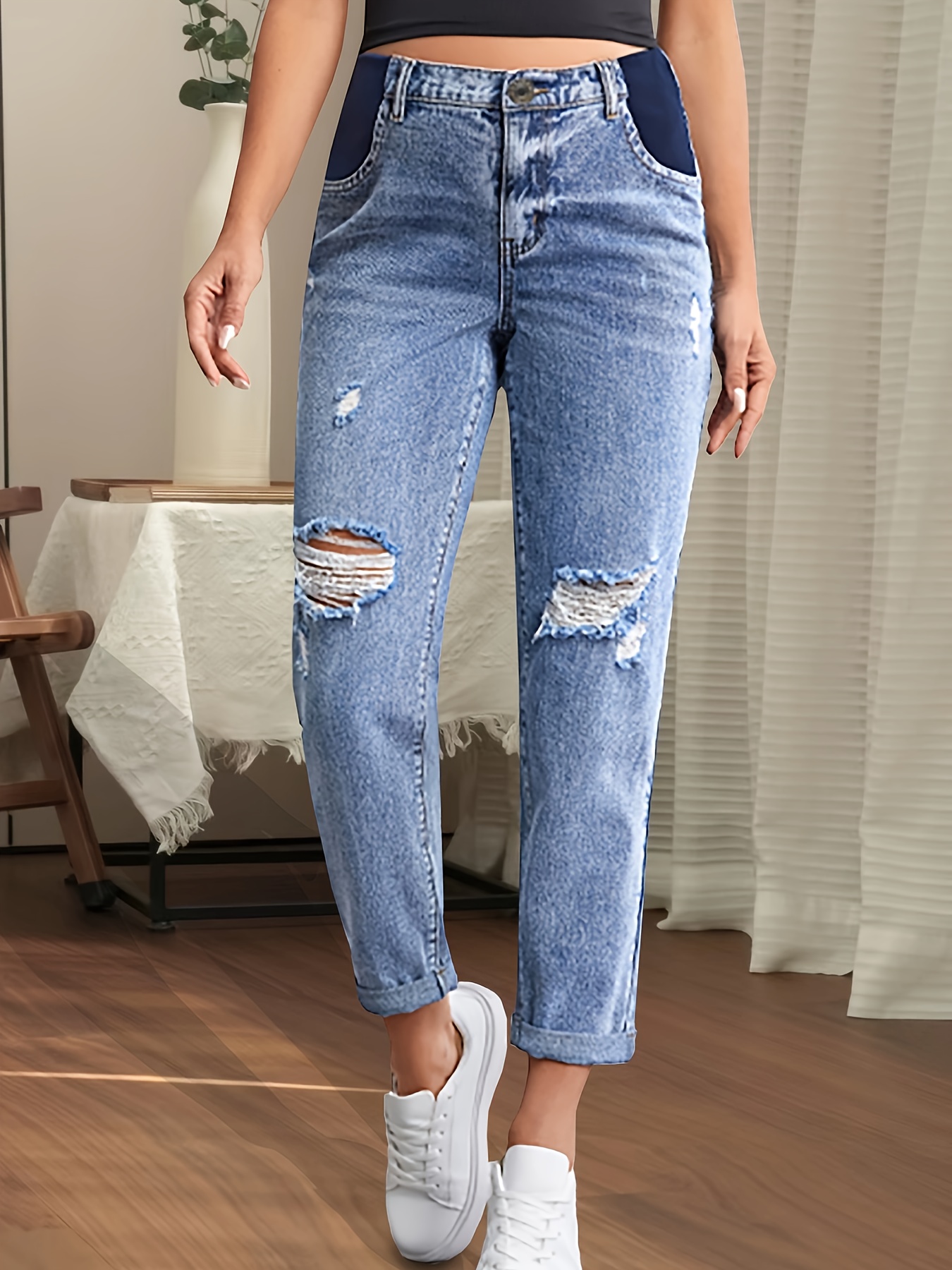 Women's Maternity Denim Pants Solid Vintage Style Jeans Highly Stretchy  Pants For Pregnant Women