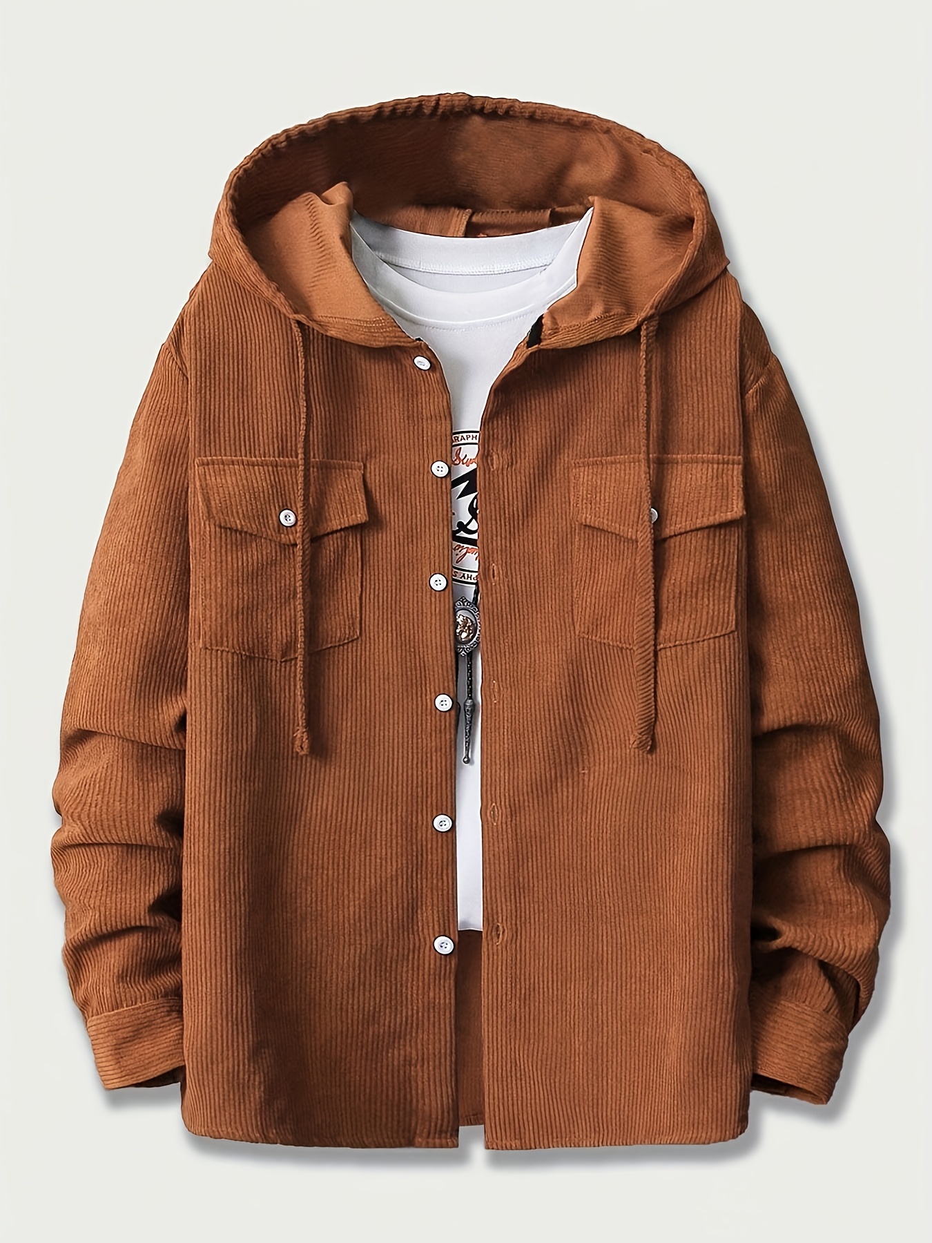 Men's Casual Solid Button Up Long Sleeve Corduroy Hooded Shirt With Flap  Pockets And Drawstring, Spring Fall Outdoor