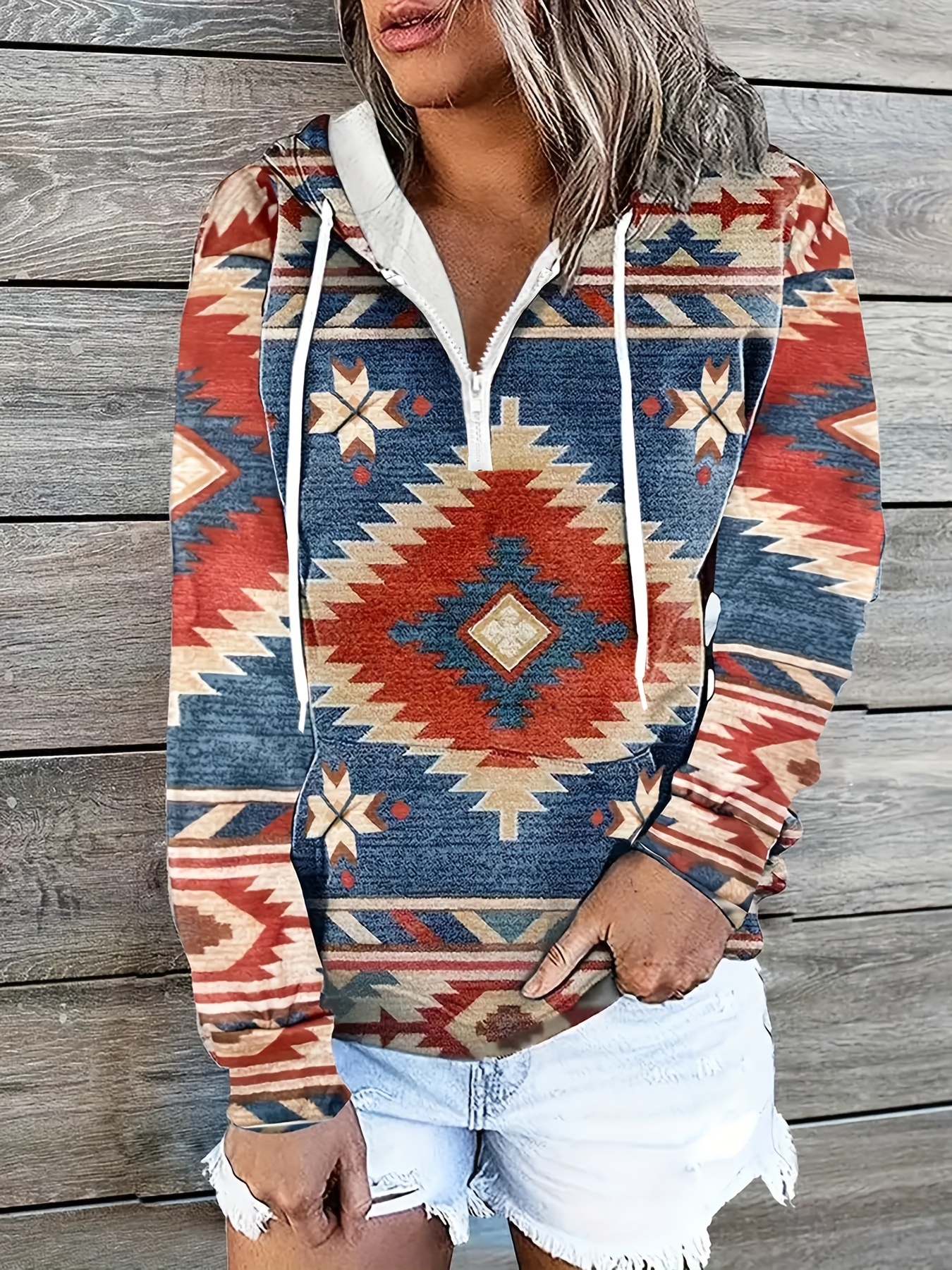 Aztec Print Drawstring Hoodies, Ethnic Kangaroo Pocket Zipper Long Sleeve  Sweatshirt, Women's Clothing
