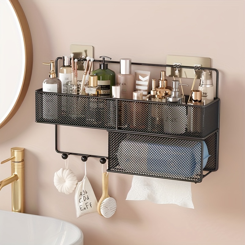 1pc Bathroom Over The Toilet Storage Shelf With Hook Mesh Bracket Shelves  No Screw Rack, Aesthetic Room Decor, Home Decor, Kitchen Accessories, Bathro