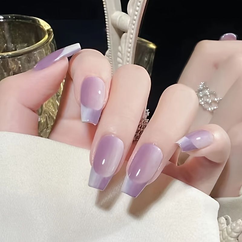 24pcs Purple Press On Nails Medium Length Coffin Fake Nails Gradient French  Tip Nails Acrylic Nails Glossy Full Cover Nail Tips False Nails With  Designs Artificial Nude Nails For Women - Beauty