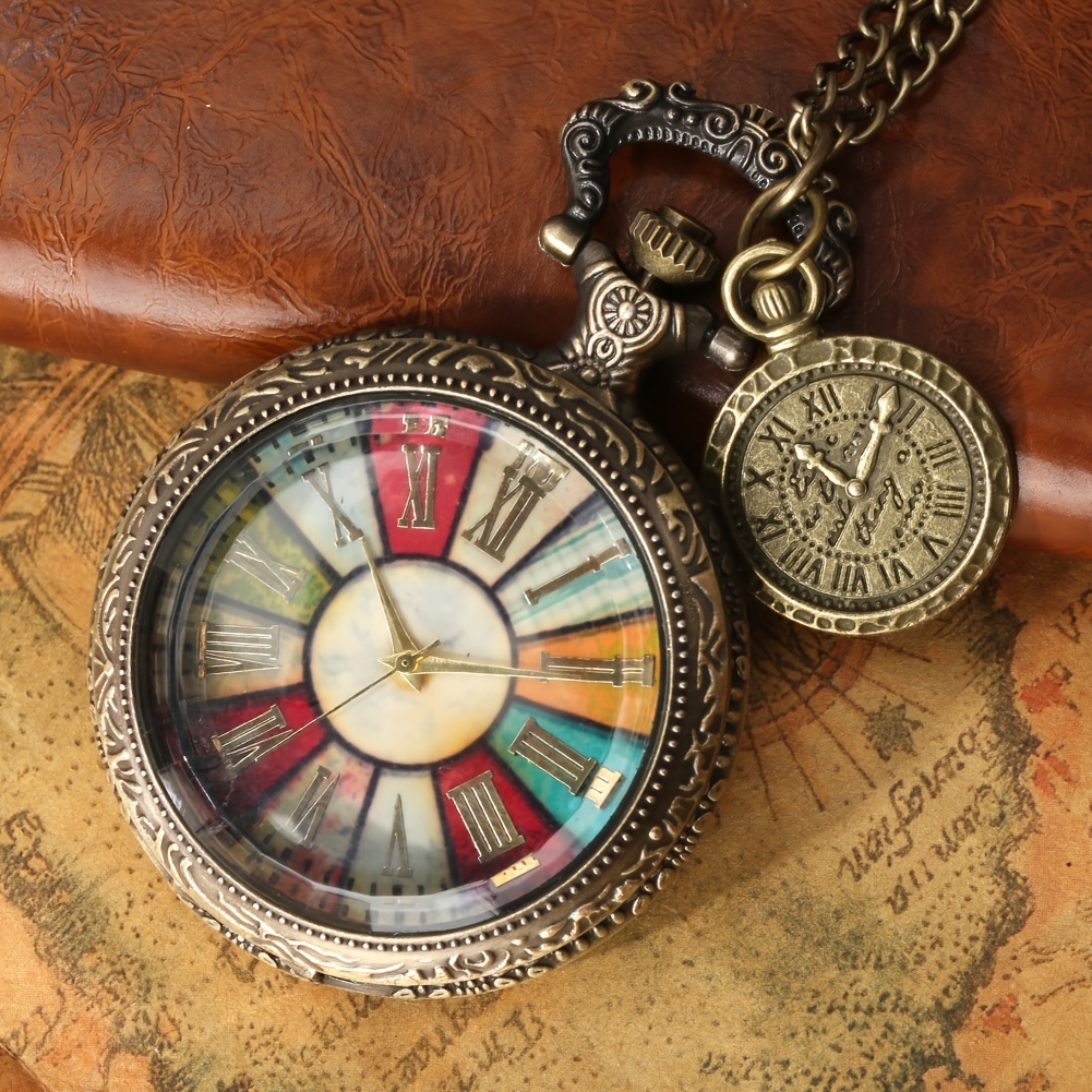 1pc antique pocket watch necklace gift men women colorful roman numeral dial with roman label pendant quartz clock details 0