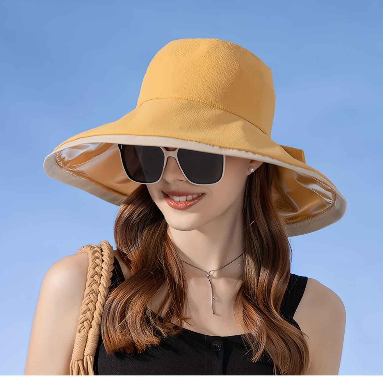 Color Block Elegant Sun Hat Wide Brim Bowknot Decor Uv - Temu