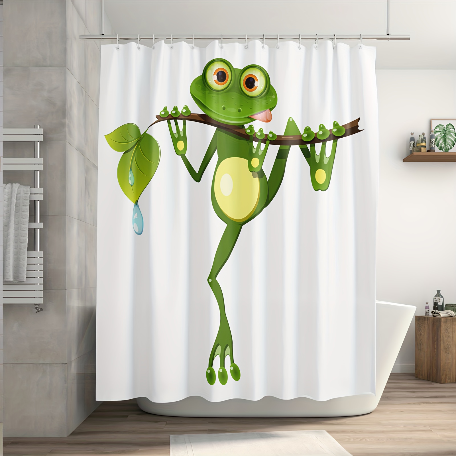 Funny Frog Sitting on Mushroom Shower Curtain Bathroom Decor Fabric