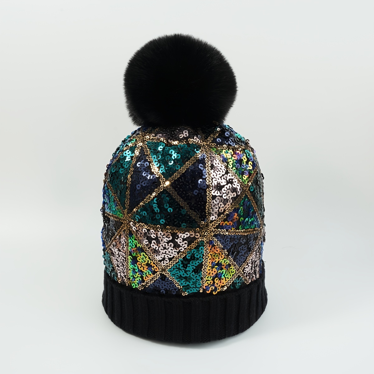Womens Winter Beanies Glitter Sequins Colorful Knit Faux Fur Pompoms Beanie  Hats Shiny Bling Skull Ski Cap 