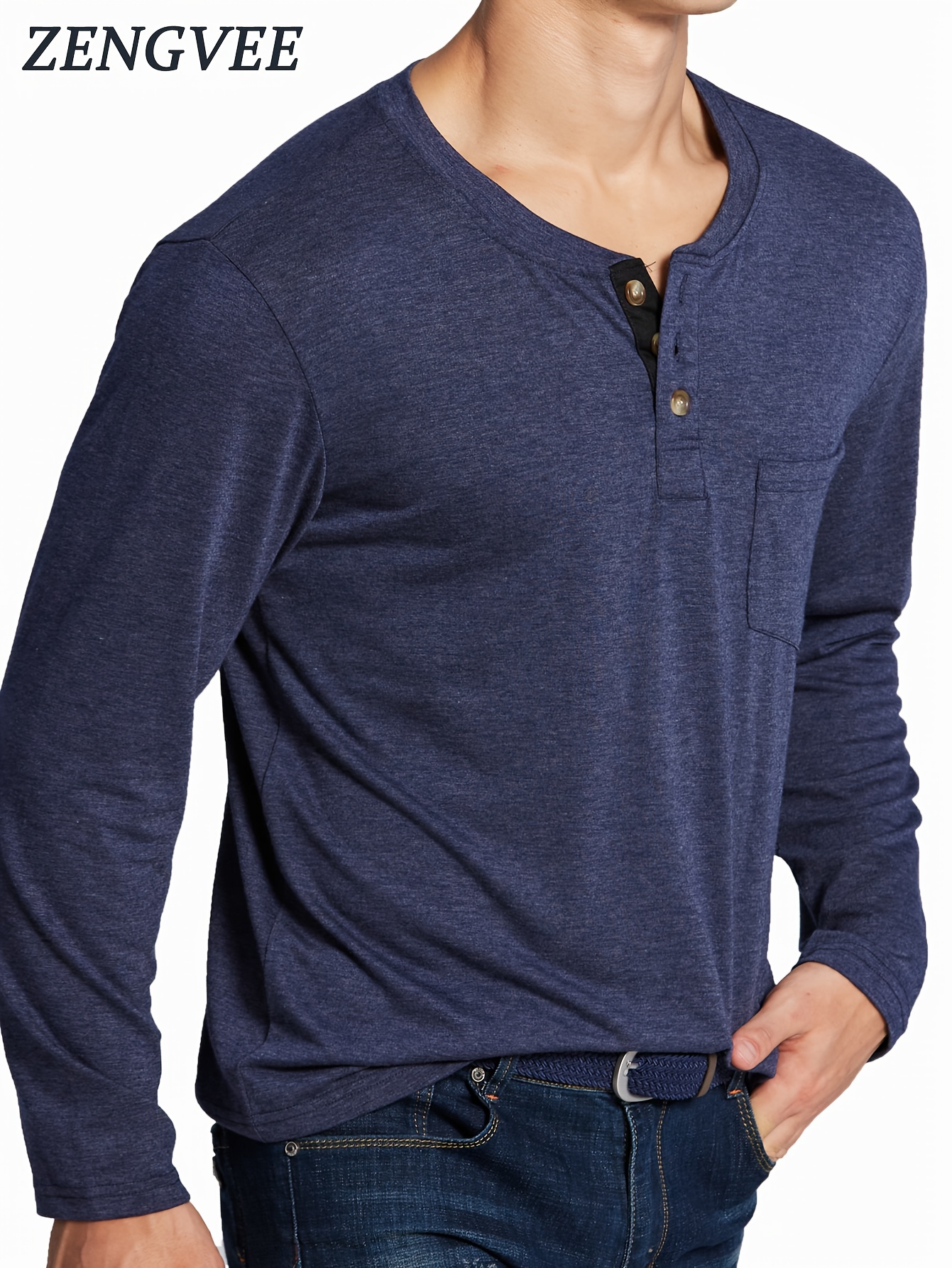 Mens Plain Long Sleeve T-shirt Deep V-Neck Button Muscle Tee Breathable Tops