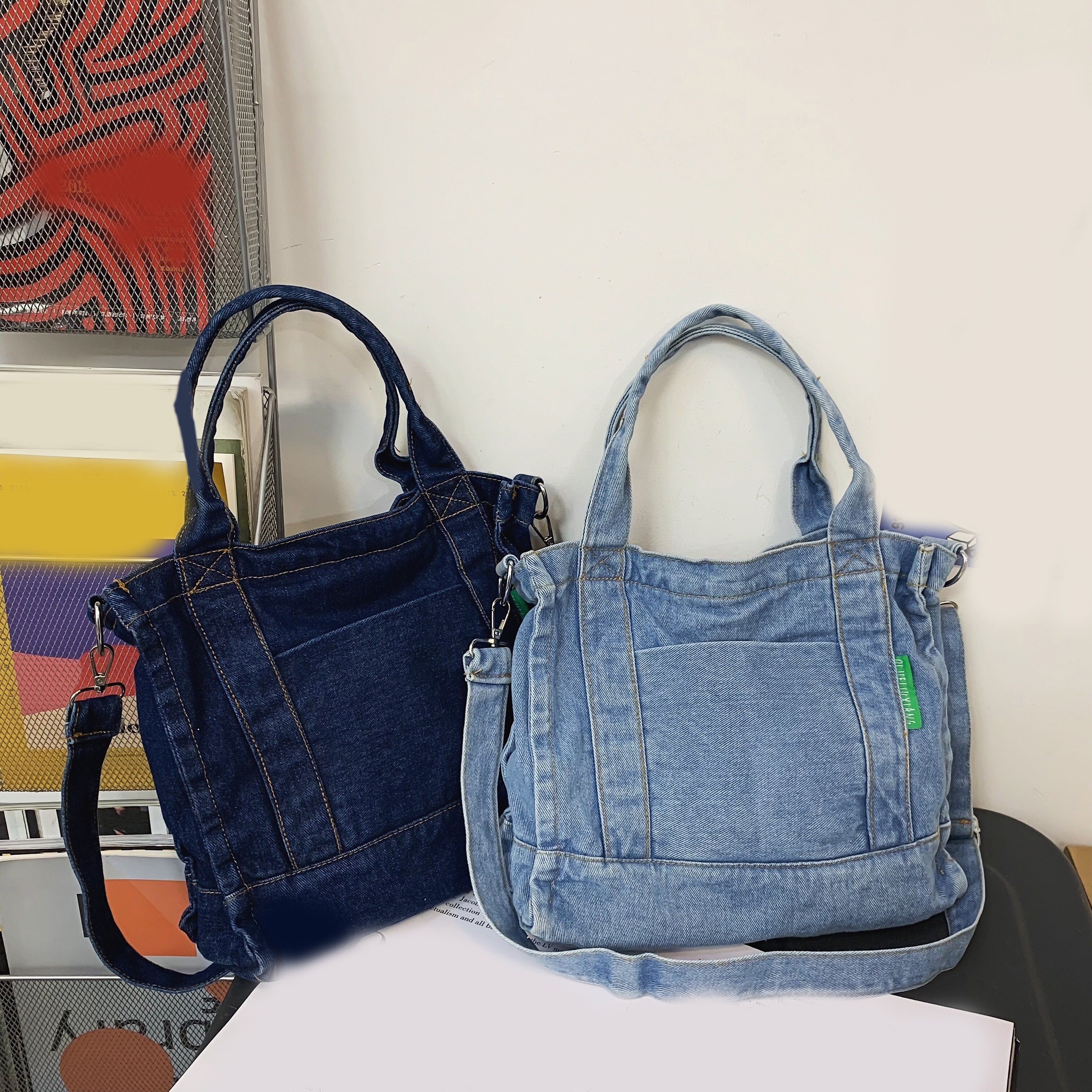 Y2k Denim Canvas Tote Bag, Letter Embroidery Shoulder Bag, Trendy Vintage  Shopping Bag - Temu